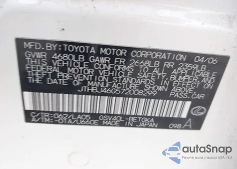 2007 Lexus Es 350 из США, поврежденный, VIN JTHBJ46G572008299